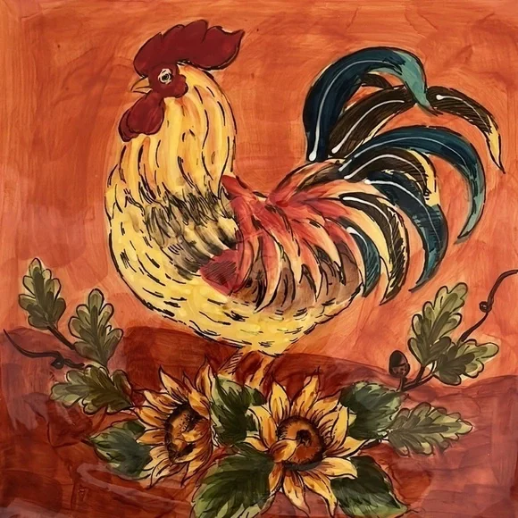 MAXCERA CORP Orange Rooster Square Plate Sunflowers Floral Edge Pattern Farmcore - Picture 5 of 8